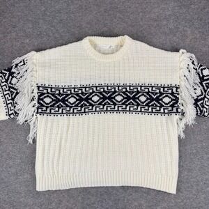 Altar'd State Gwen Fringe Knit Sweater Small Cream Navy Aztec Womens Small S